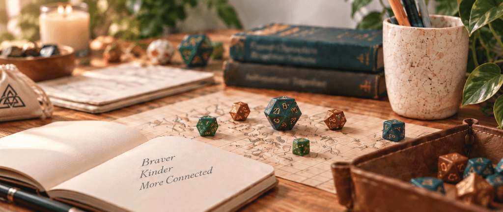 An image of dungeons & dragons dice, an open book and a coffee mug on a table.